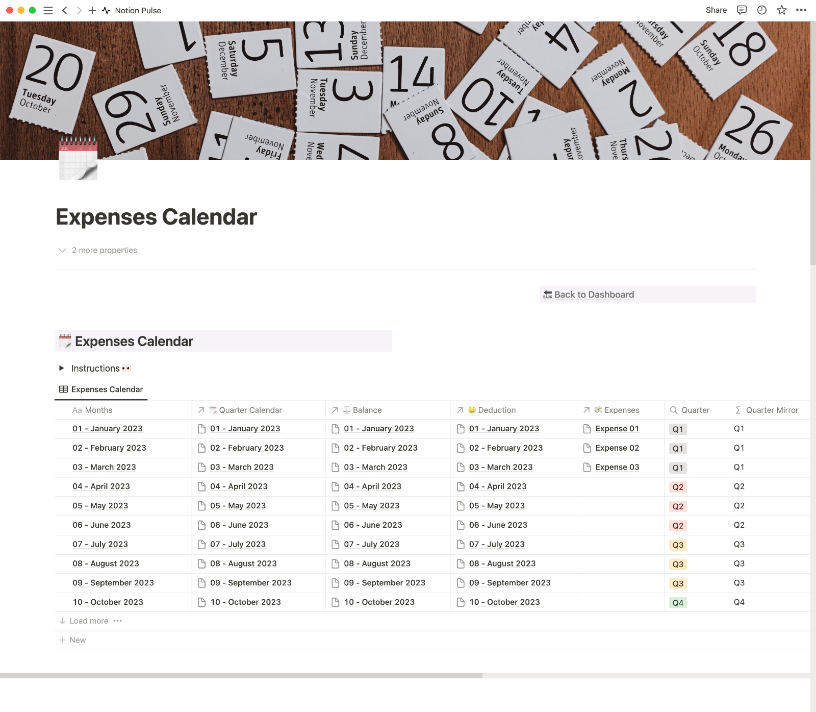 Notion Pulse Expenses Calendar