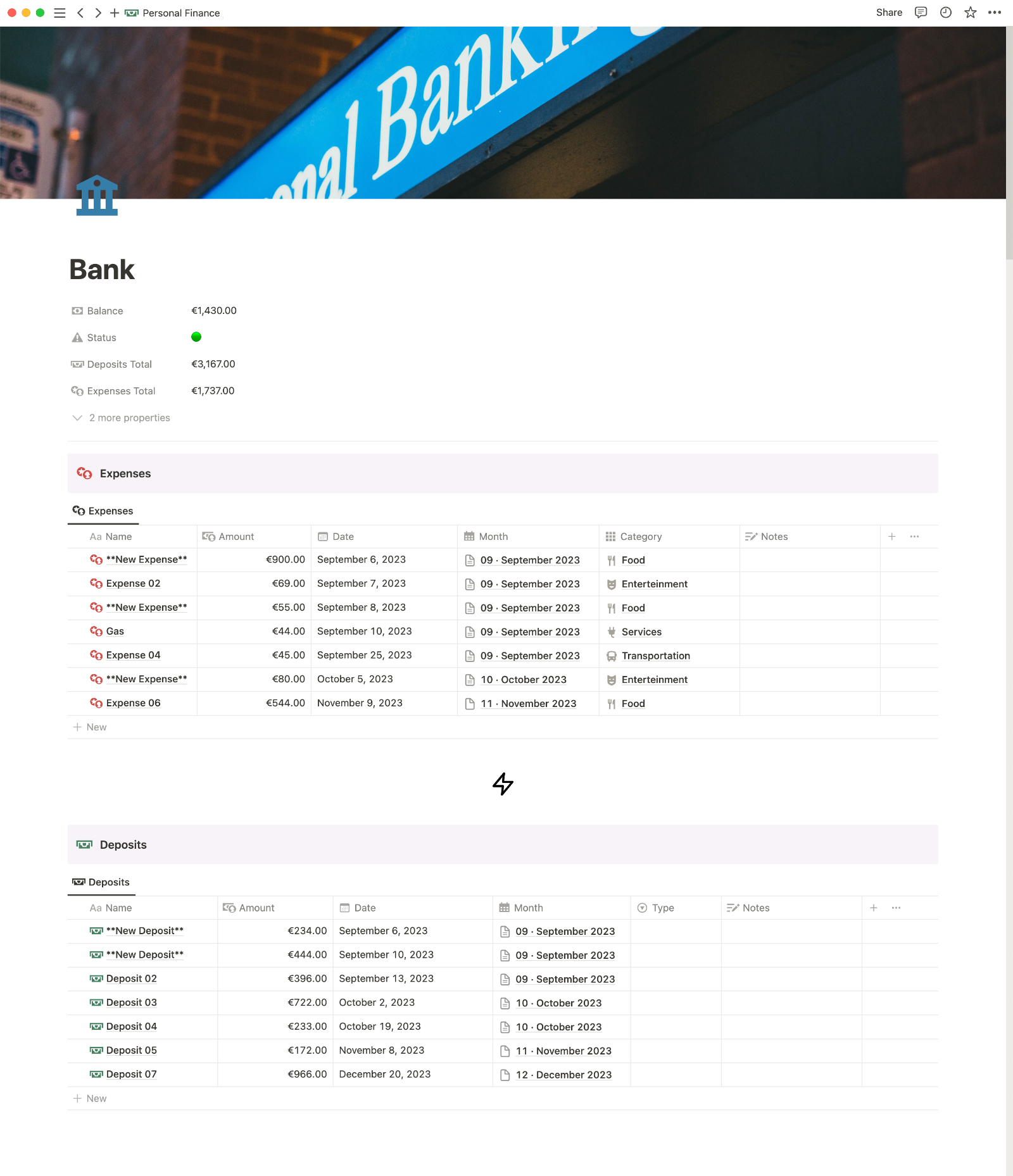 Transaction History by Account in Notion Personal Finance