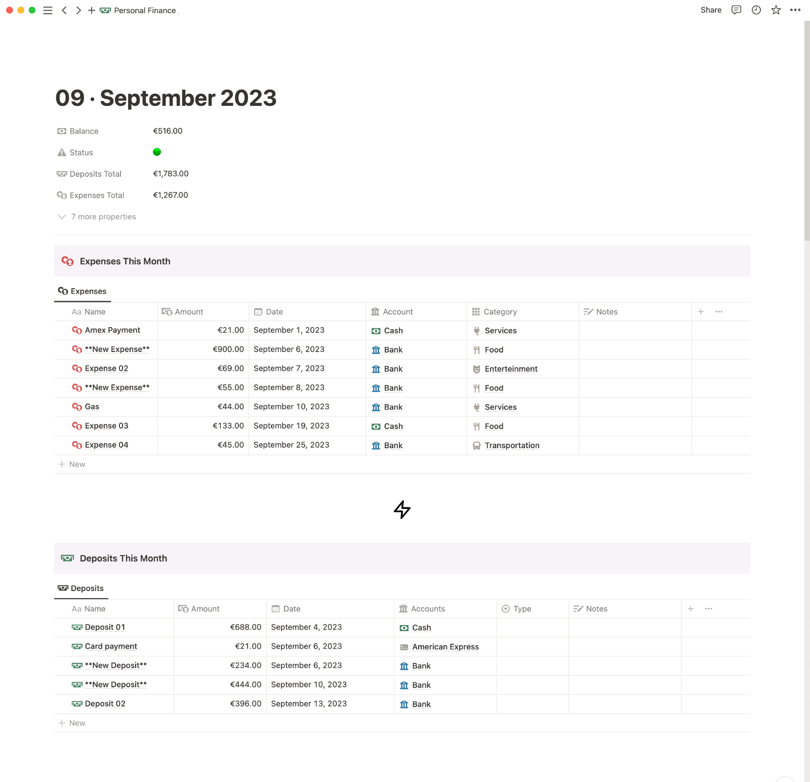 Transaction History by Month in Notion Personal Finance